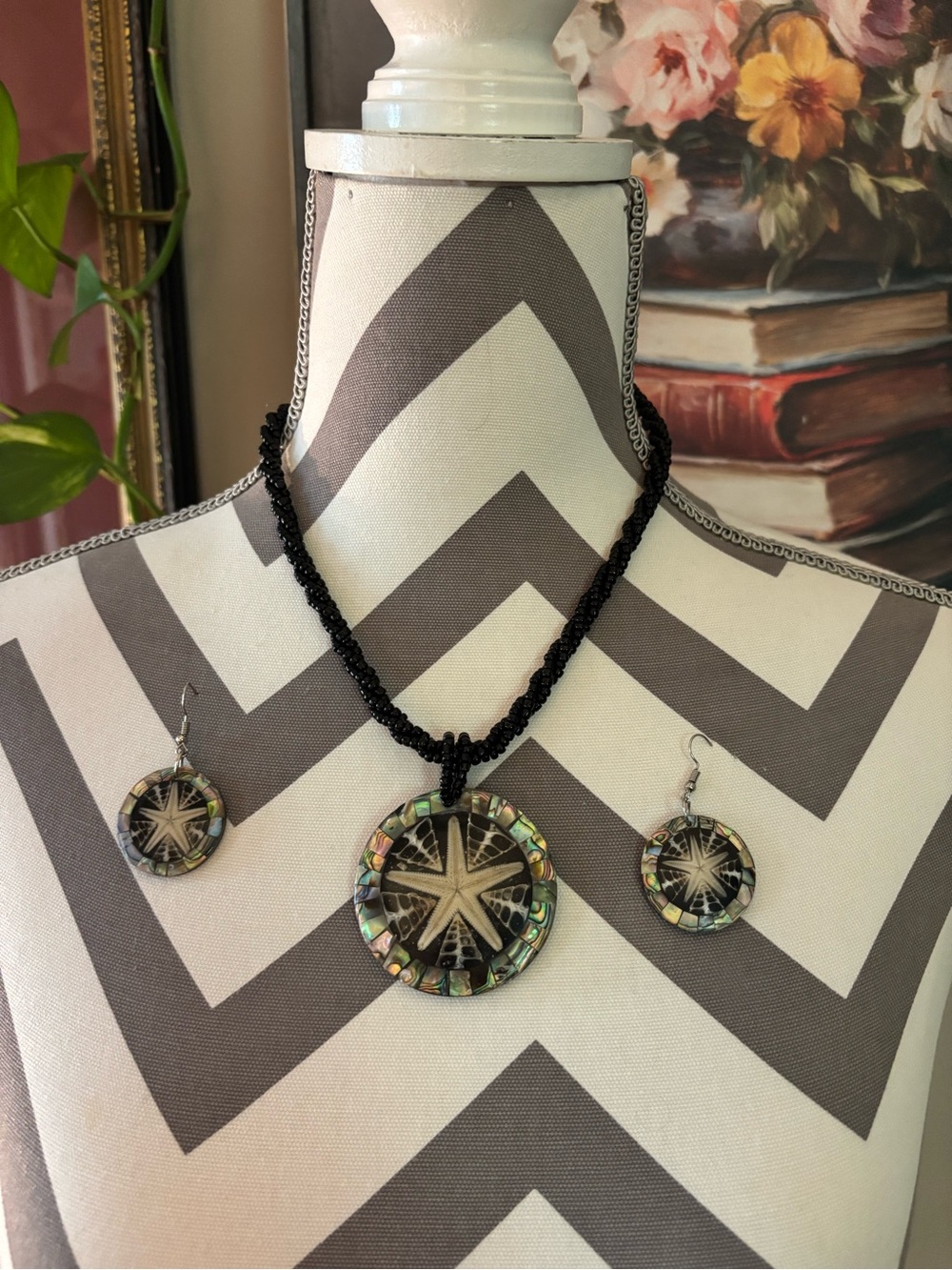 Black Beaded Necklace and Earring Set with Iridescent and Nautical Pendant